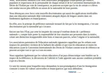 Communiqué du Collectif des Associations Partenaires de l’Ecole d’Indre-Et-Loire sur la loi immigration.