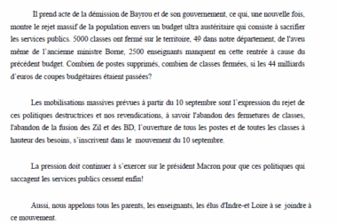 Appel du comité de défense de l’école publique d’Indre-et-Loire