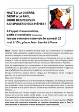 Contre la guerre, contre les budgets de guerre, rassemblons nous samedi 23 mai à 15h place Jean Jaurès à Tours.
